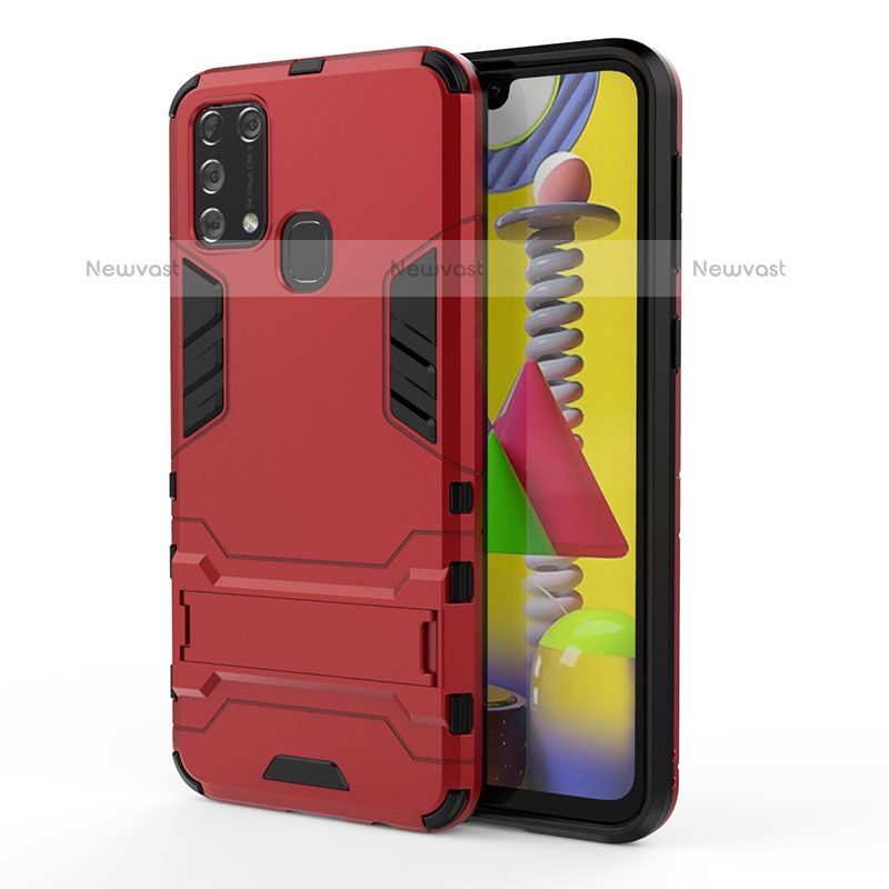 Silicone Matte Finish and Plastic Back Cover Case with Stand KC2 for Samsung Galaxy M31 Red