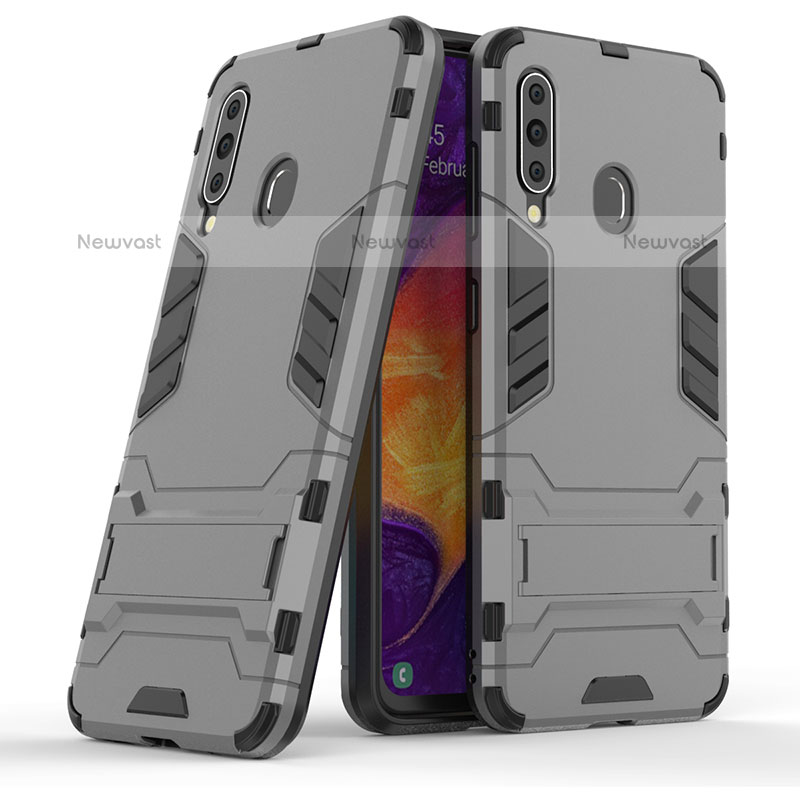 Silicone Matte Finish and Plastic Back Cover Case with Stand KC2 for Samsung Galaxy M40 Gray