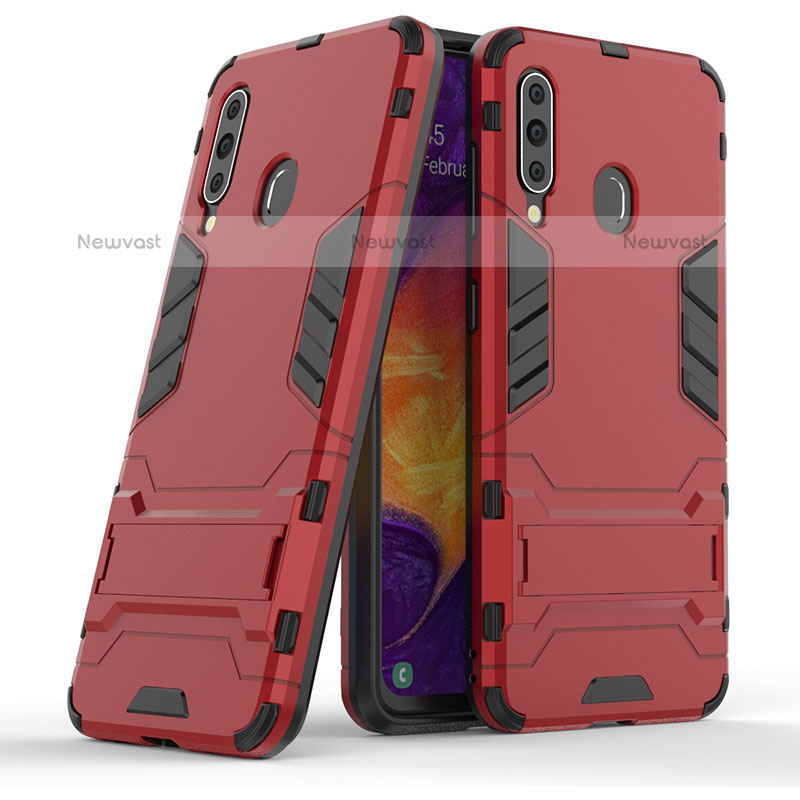 Silicone Matte Finish and Plastic Back Cover Case with Stand KC2 for Samsung Galaxy M40 Red