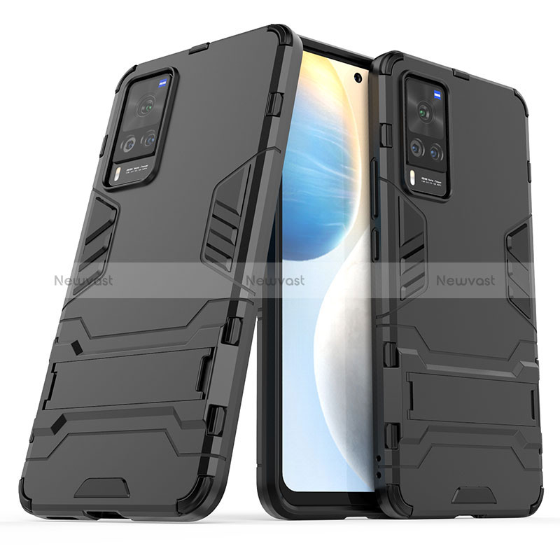 Silicone Matte Finish and Plastic Back Cover Case with Stand KC2 for Vivo X60 Pro 5G Black