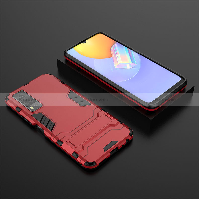 Silicone Matte Finish and Plastic Back Cover Case with Stand KC2 for Vivo Y31 (2021) Red