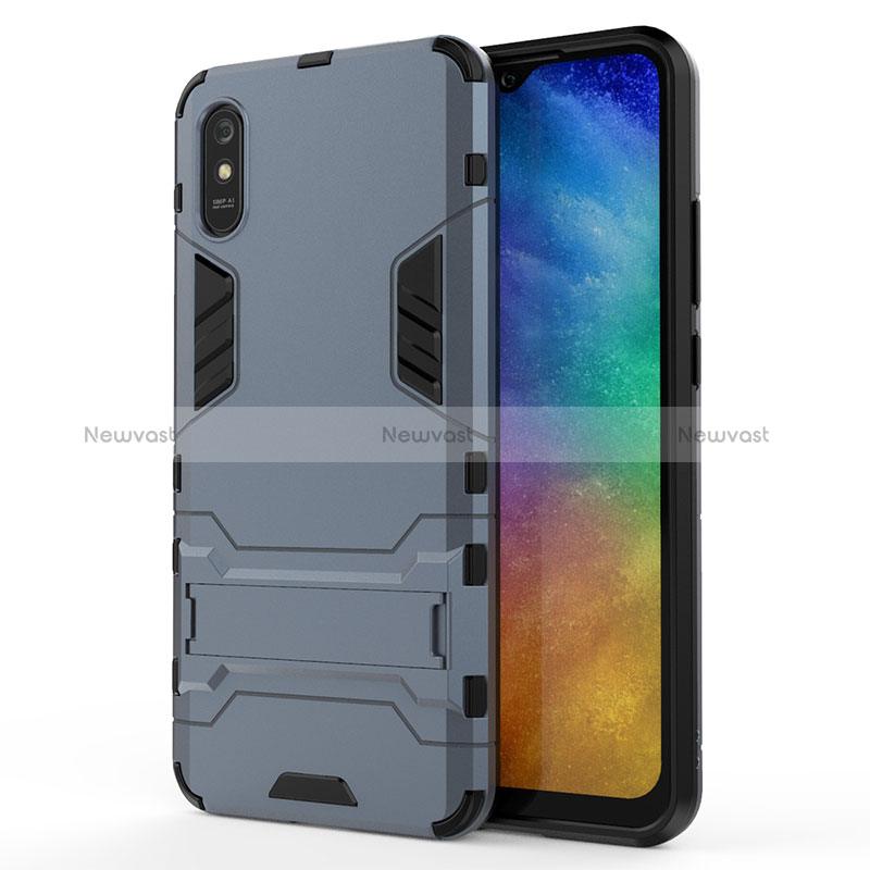 Silicone Matte Finish and Plastic Back Cover Case with Stand KC2 for Xiaomi Redmi 9AT Blue