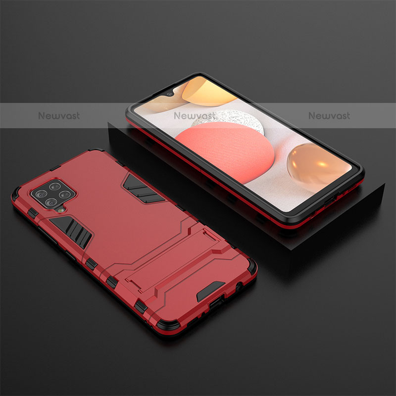 Silicone Matte Finish and Plastic Back Cover Case with Stand KC3 for Samsung Galaxy A42 5G Red