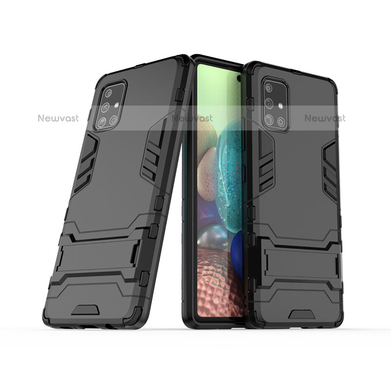 Silicone Matte Finish and Plastic Back Cover Case with Stand KC3 for Samsung Galaxy A71 4G A715 Black