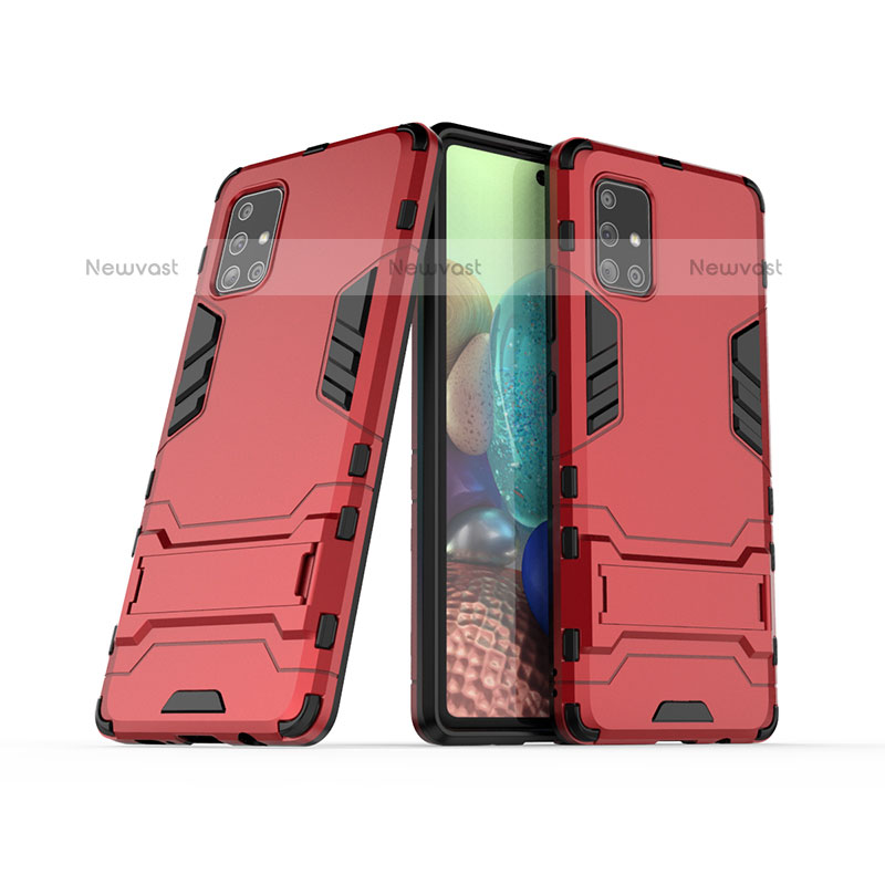 Silicone Matte Finish and Plastic Back Cover Case with Stand KC3 for Samsung Galaxy A71 4G A715 Red