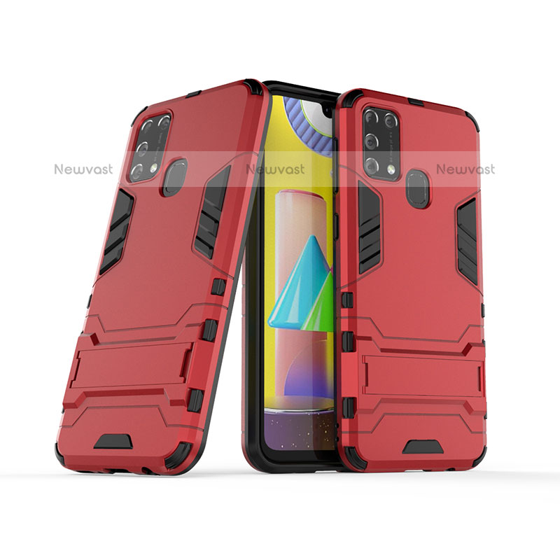 Silicone Matte Finish and Plastic Back Cover Case with Stand KC3 for Samsung Galaxy M31 Red