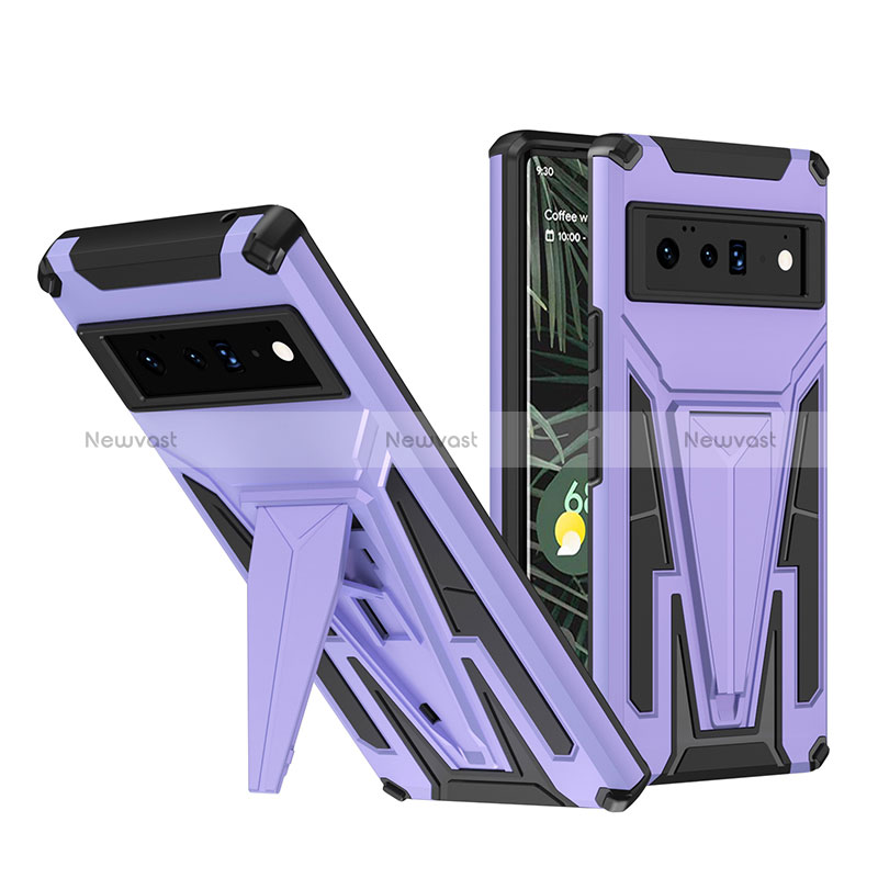 Silicone Matte Finish and Plastic Back Cover Case with Stand MQ1 for Google Pixel 6 Pro 5G Purple