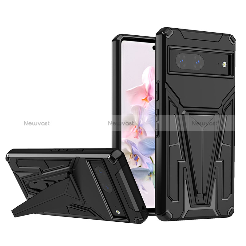 Silicone Matte Finish and Plastic Back Cover Case with Stand MQ1 for Google Pixel 7 5G Black