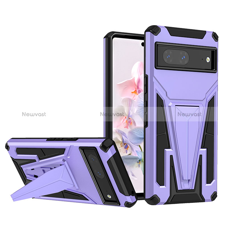 Silicone Matte Finish and Plastic Back Cover Case with Stand MQ1 for Google Pixel 7 5G Purple