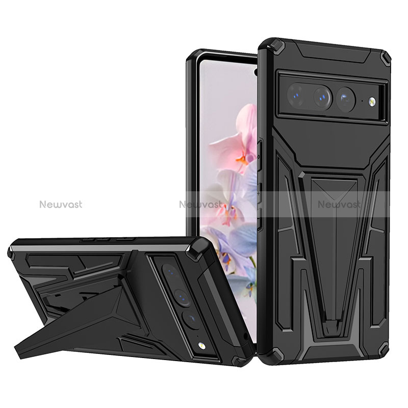 Silicone Matte Finish and Plastic Back Cover Case with Stand MQ1 for Google Pixel 7 Pro 5G Black