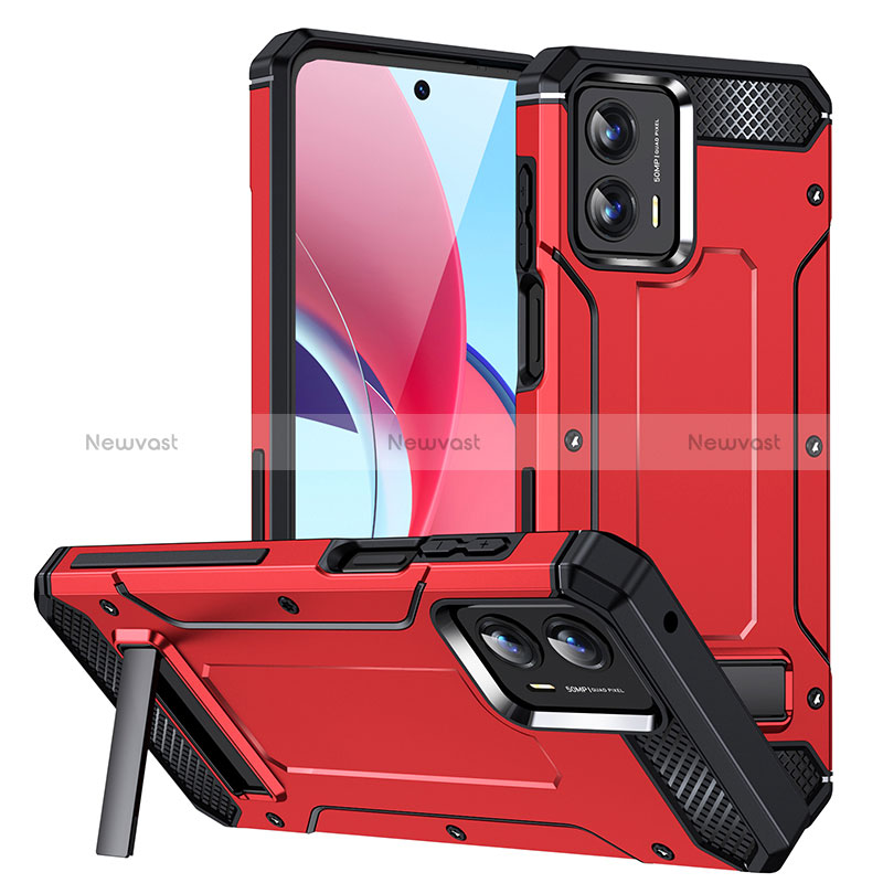 Silicone Matte Finish and Plastic Back Cover Case with Stand MQ1 for Motorola Moto G 5G (2023) Red