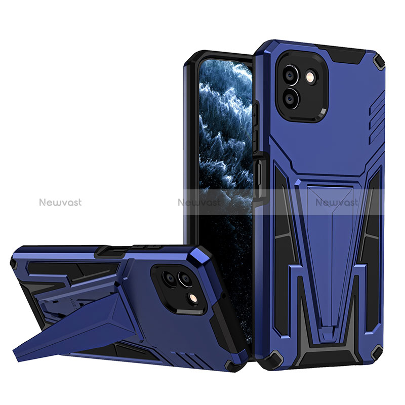 Silicone Matte Finish and Plastic Back Cover Case with Stand MQ1 for Samsung Galaxy A03 Blue