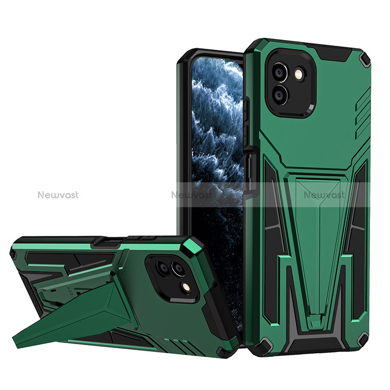 Silicone Matte Finish and Plastic Back Cover Case with Stand MQ1 for Samsung Galaxy A03 Green