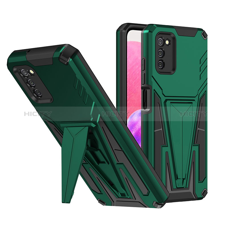 Silicone Matte Finish and Plastic Back Cover Case with Stand MQ1 for Samsung Galaxy A03s Green
