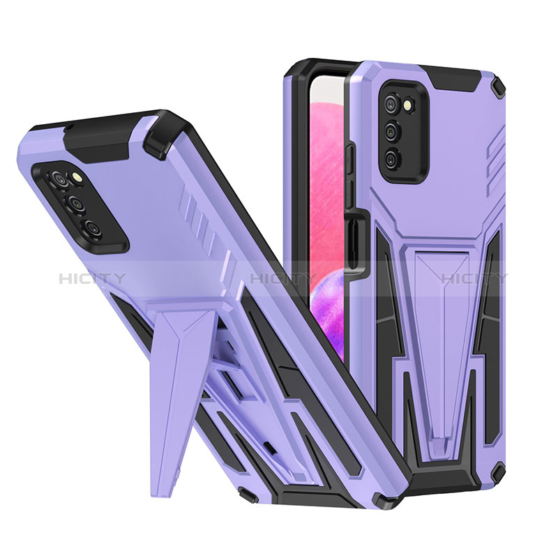 Silicone Matte Finish and Plastic Back Cover Case with Stand MQ1 for Samsung Galaxy A03s Purple