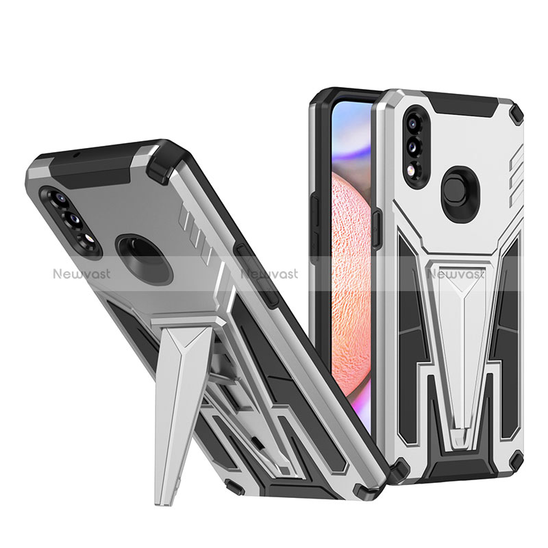 Silicone Matte Finish and Plastic Back Cover Case with Stand MQ1 for Samsung Galaxy A10s Silver