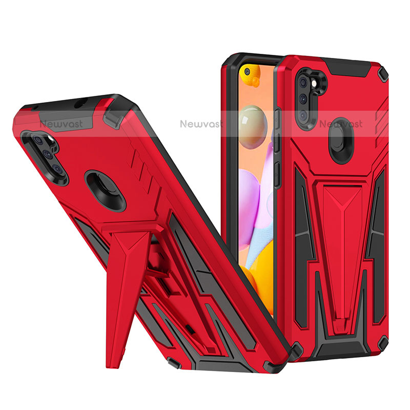 Silicone Matte Finish and Plastic Back Cover Case with Stand MQ1 for Samsung Galaxy A11 Red