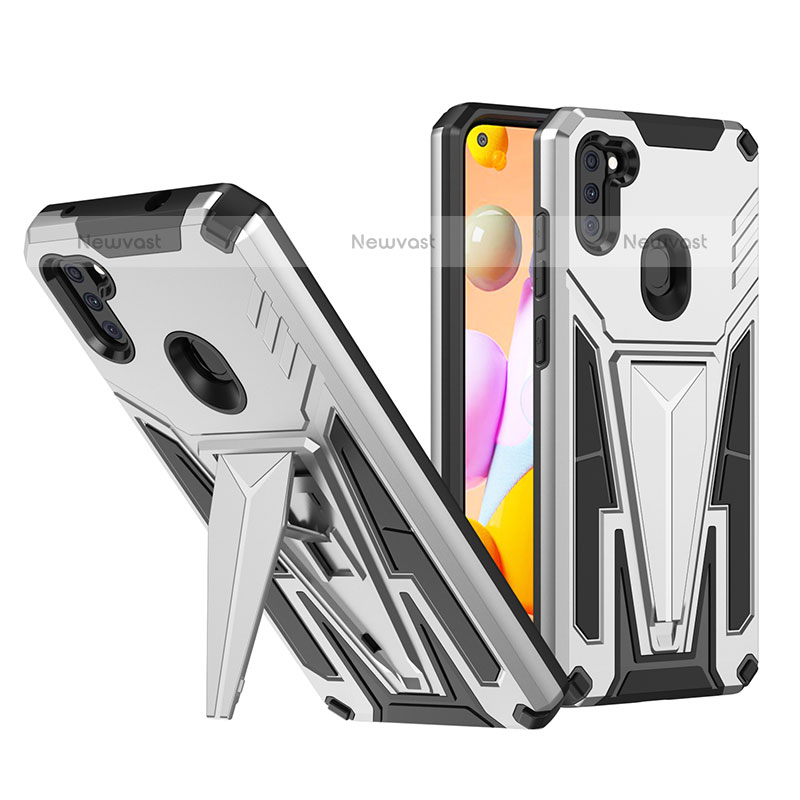 Silicone Matte Finish and Plastic Back Cover Case with Stand MQ1 for Samsung Galaxy A11 Silver