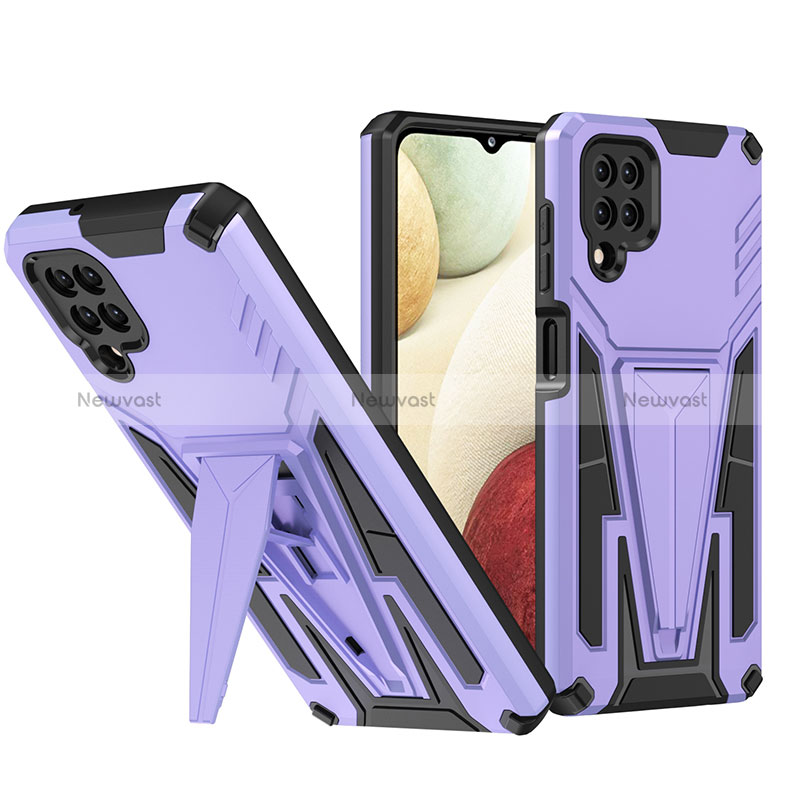 Silicone Matte Finish and Plastic Back Cover Case with Stand MQ1 for Samsung Galaxy A12 5G Purple