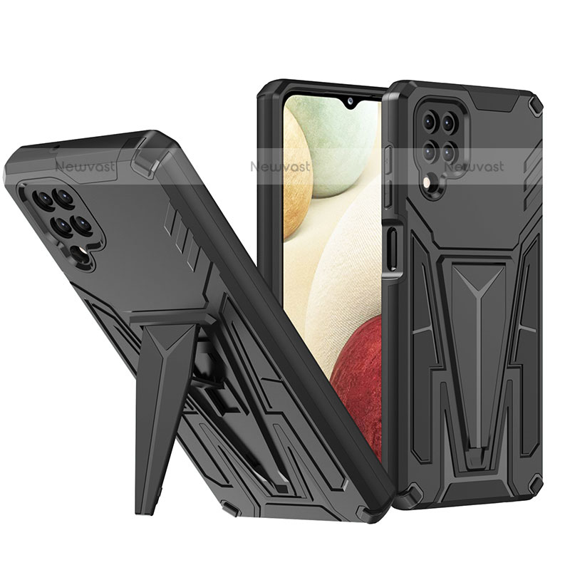 Silicone Matte Finish and Plastic Back Cover Case with Stand MQ1 for Samsung Galaxy A12 Black