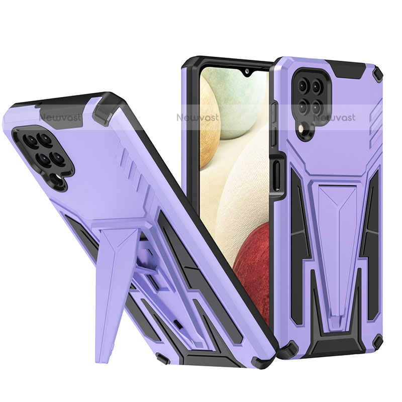 Silicone Matte Finish and Plastic Back Cover Case with Stand MQ1 for Samsung Galaxy A12 Purple