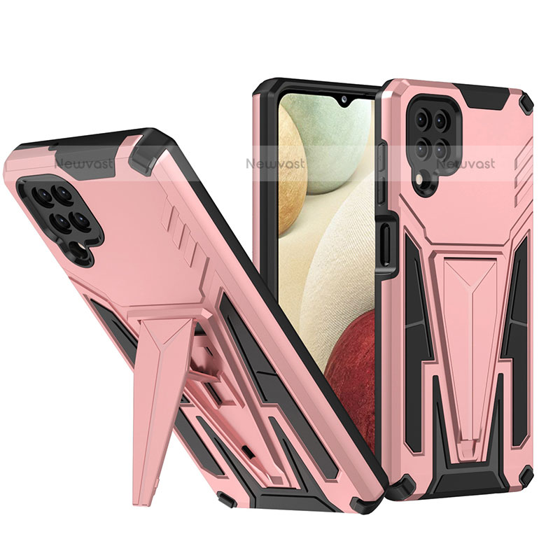 Silicone Matte Finish and Plastic Back Cover Case with Stand MQ1 for Samsung Galaxy A12 Rose Gold