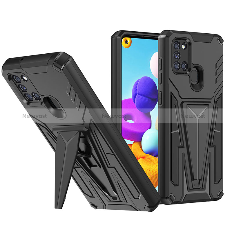 Silicone Matte Finish and Plastic Back Cover Case with Stand MQ1 for Samsung Galaxy A21 Black