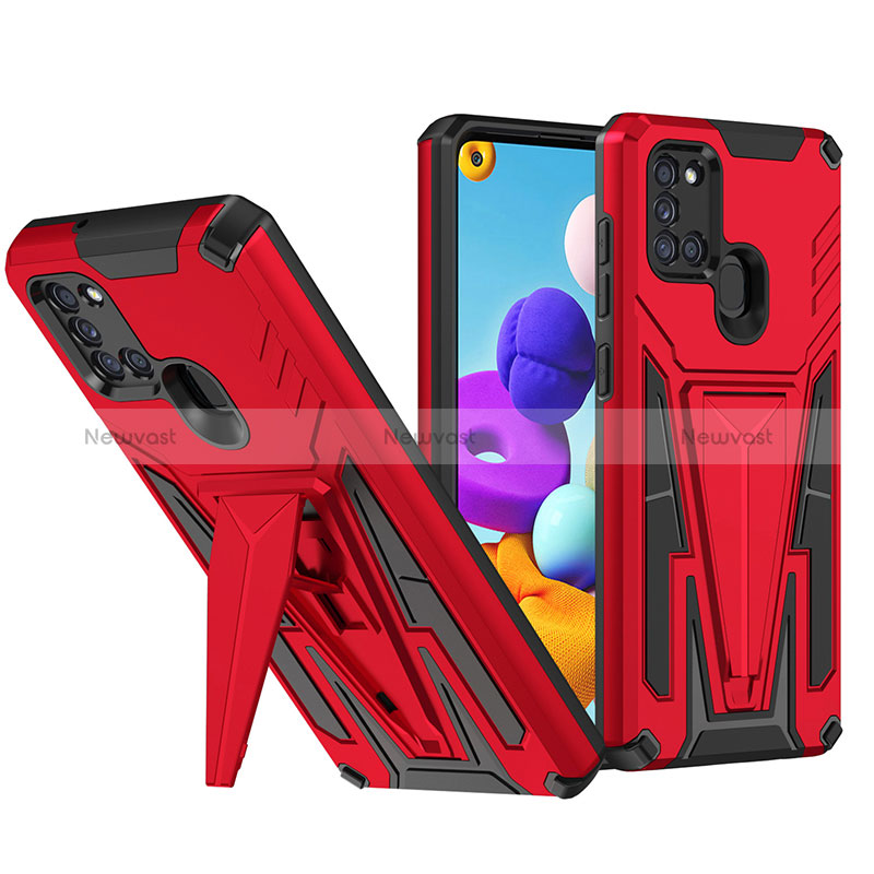 Silicone Matte Finish and Plastic Back Cover Case with Stand MQ1 for Samsung Galaxy A21 Red