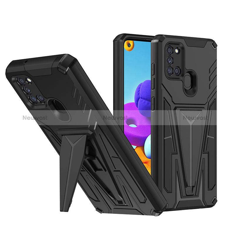 Silicone Matte Finish and Plastic Back Cover Case with Stand MQ1 for Samsung Galaxy A21s Black