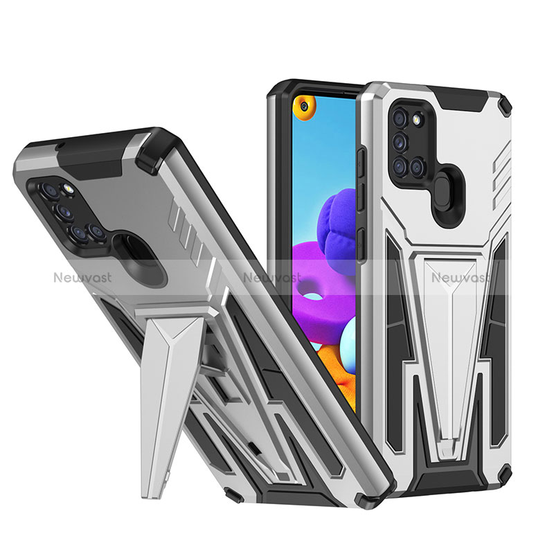 Silicone Matte Finish and Plastic Back Cover Case with Stand MQ1 for Samsung Galaxy A21s Silver