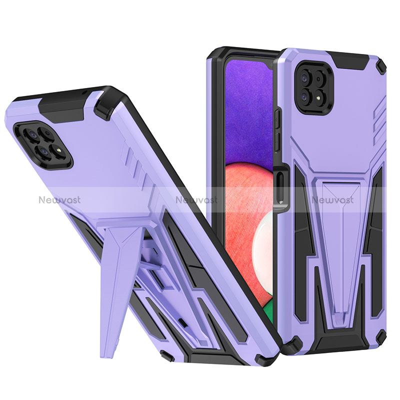 Silicone Matte Finish and Plastic Back Cover Case with Stand MQ1 for Samsung Galaxy A22 5G Purple