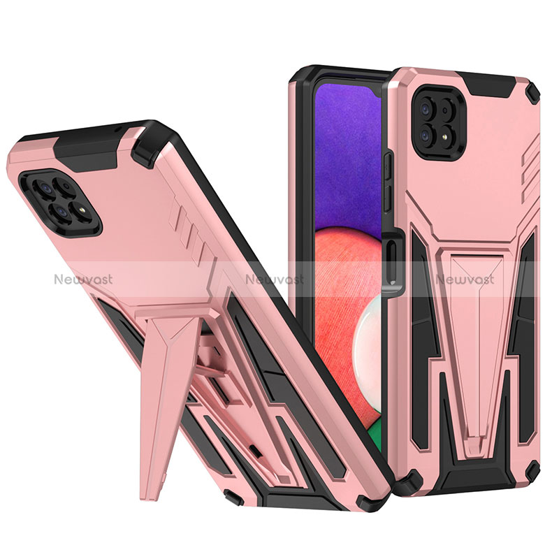 Silicone Matte Finish and Plastic Back Cover Case with Stand MQ1 for Samsung Galaxy A22 5G Rose Gold