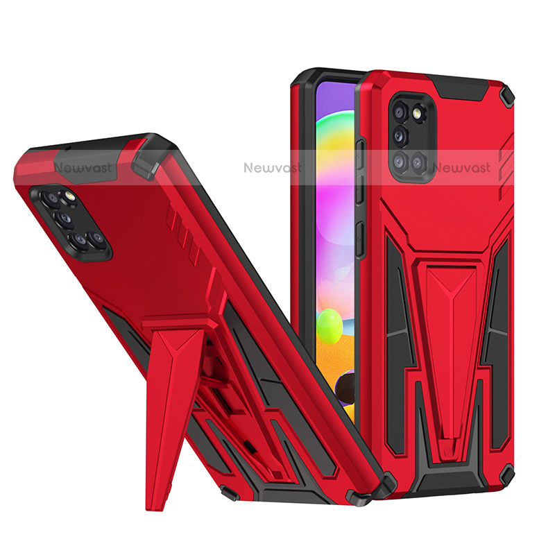 Silicone Matte Finish and Plastic Back Cover Case with Stand MQ1 for Samsung Galaxy A31 Red