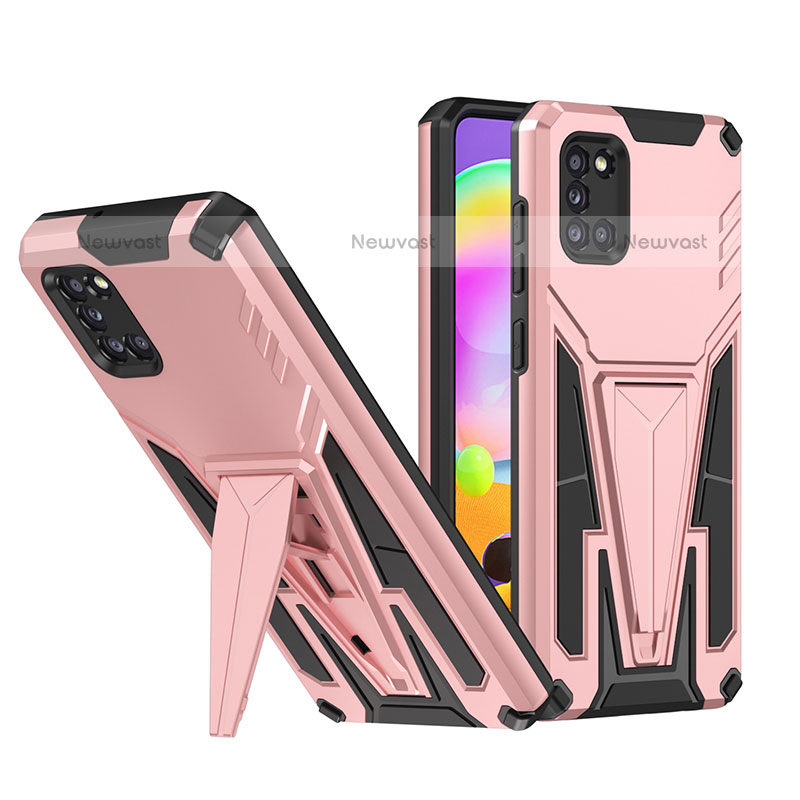 Silicone Matte Finish and Plastic Back Cover Case with Stand MQ1 for Samsung Galaxy A31 Rose Gold