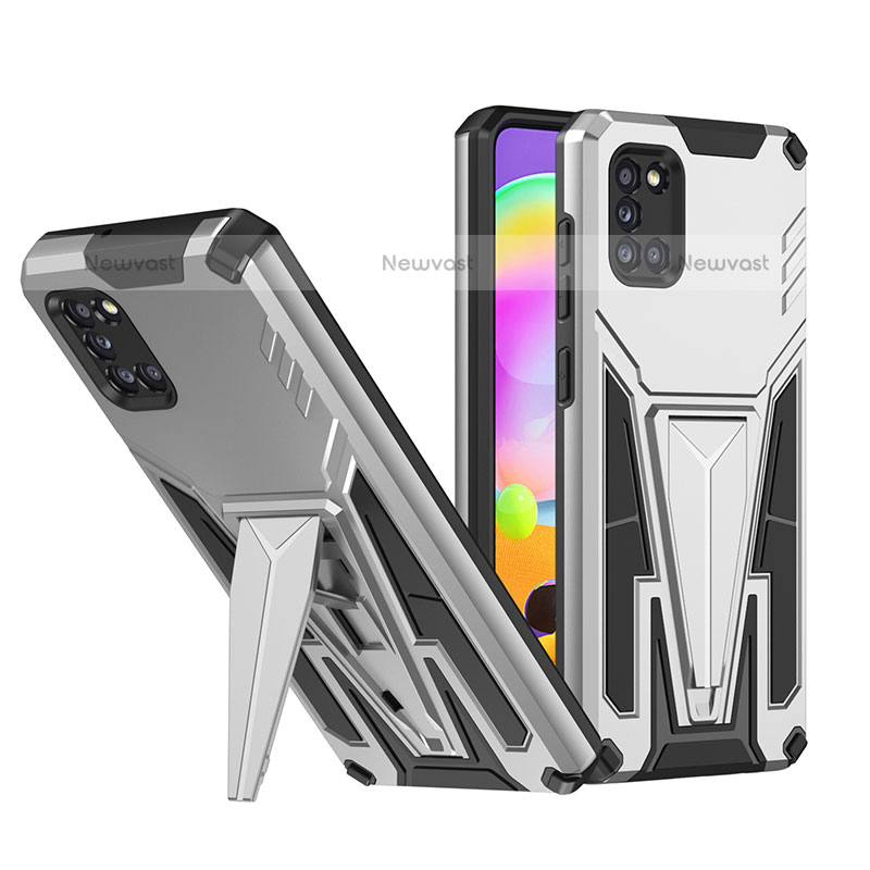 Silicone Matte Finish and Plastic Back Cover Case with Stand MQ1 for Samsung Galaxy A31 Silver
