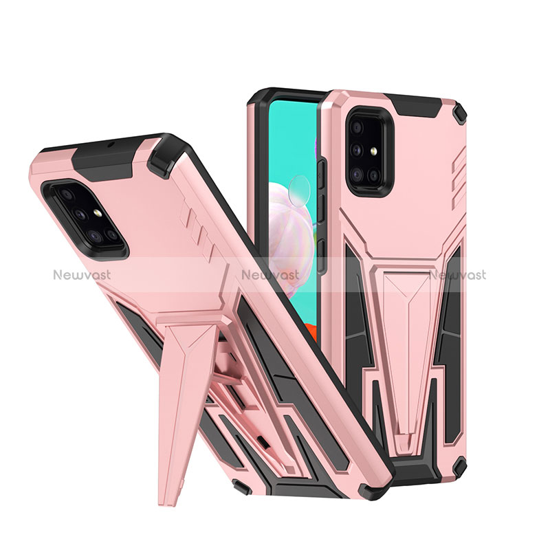 Silicone Matte Finish and Plastic Back Cover Case with Stand MQ1 for Samsung Galaxy A51 5G Rose Gold