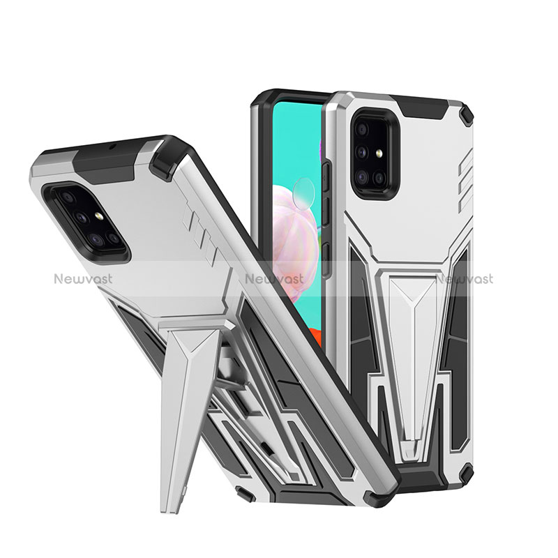 Silicone Matte Finish and Plastic Back Cover Case with Stand MQ1 for Samsung Galaxy A51 5G Silver