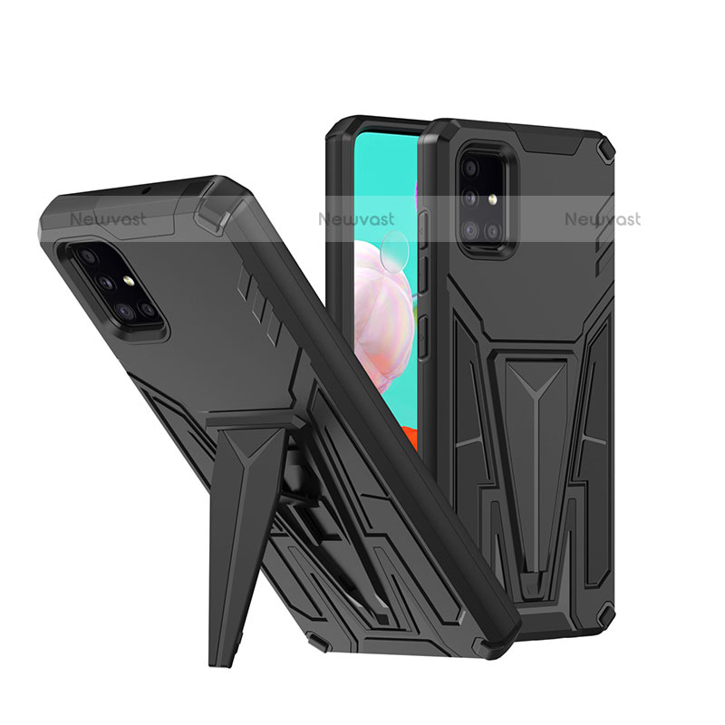 Silicone Matte Finish and Plastic Back Cover Case with Stand MQ1 for Samsung Galaxy A71 4G A715 Black