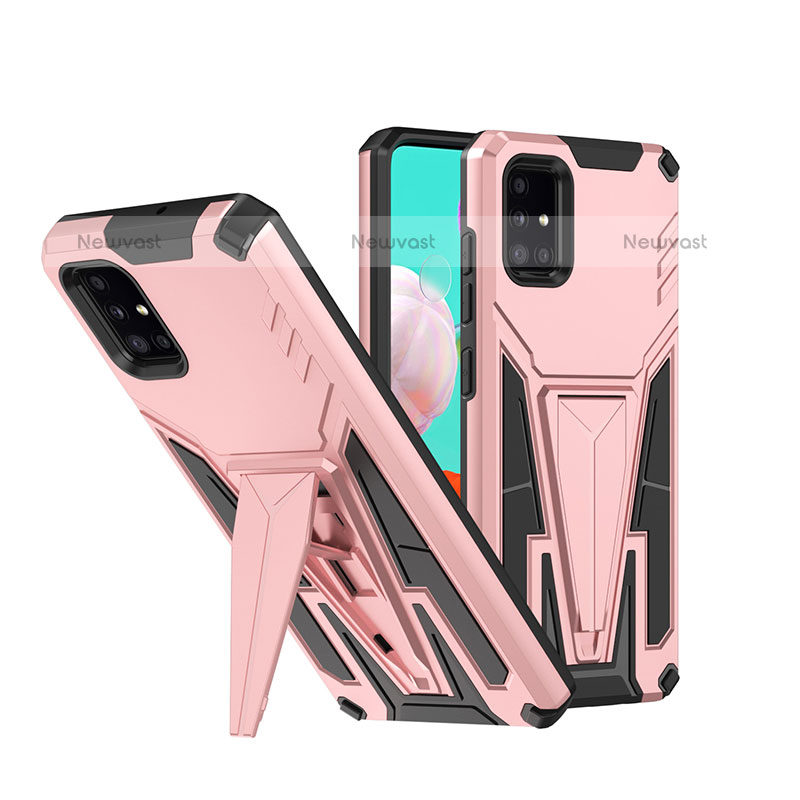 Silicone Matte Finish and Plastic Back Cover Case with Stand MQ1 for Samsung Galaxy A71 4G A715 Rose Gold
