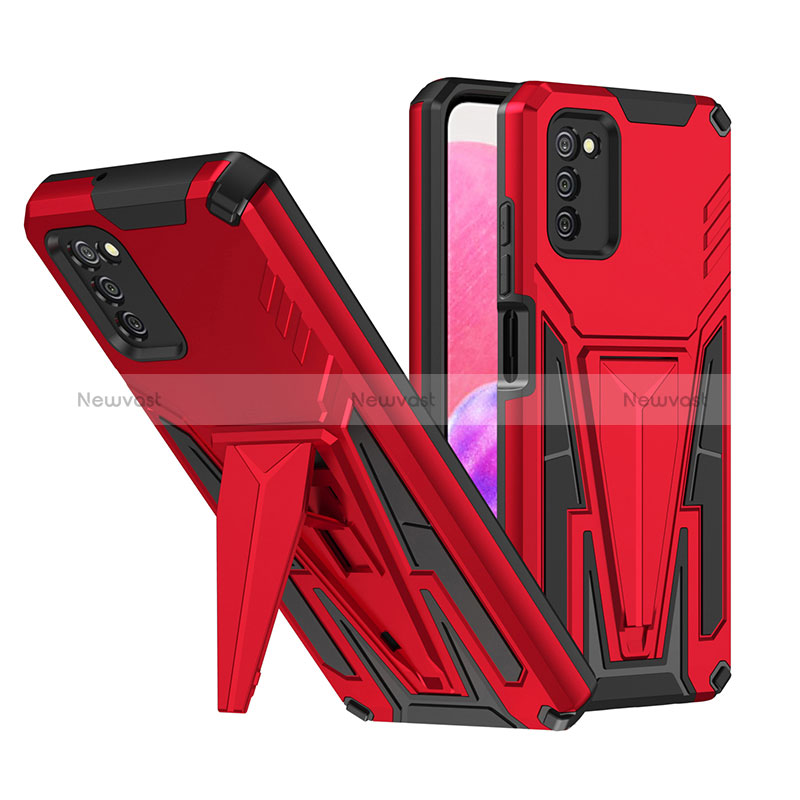 Silicone Matte Finish and Plastic Back Cover Case with Stand MQ1 for Samsung Galaxy F02S SM-E025F Red