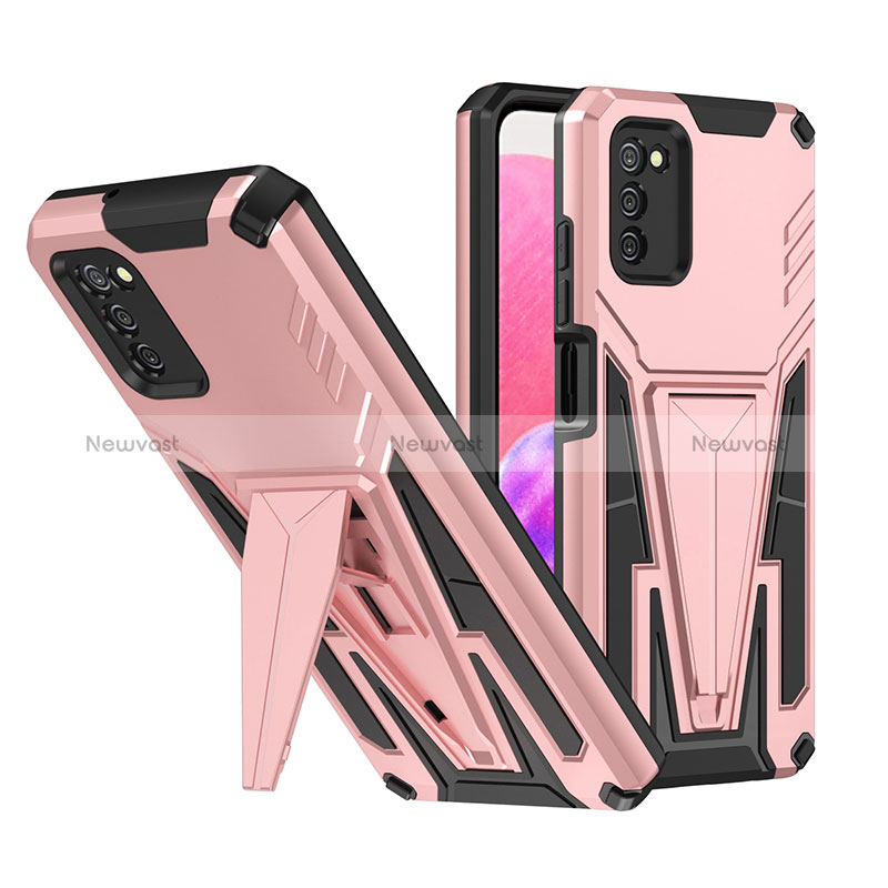 Silicone Matte Finish and Plastic Back Cover Case with Stand MQ1 for Samsung Galaxy F02S SM-E025F Rose Gold