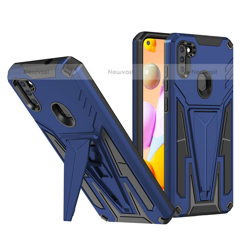 Silicone Matte Finish and Plastic Back Cover Case with Stand MQ1 for Samsung Galaxy M11 Blue