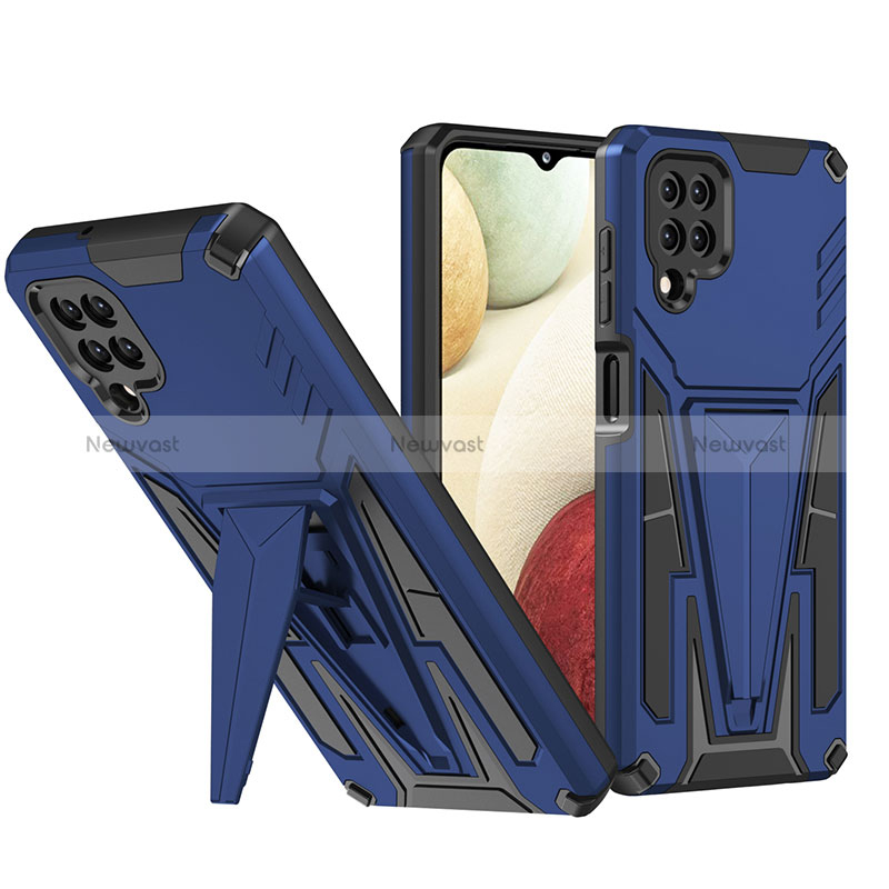 Silicone Matte Finish and Plastic Back Cover Case with Stand MQ1 for Samsung Galaxy M12 Blue