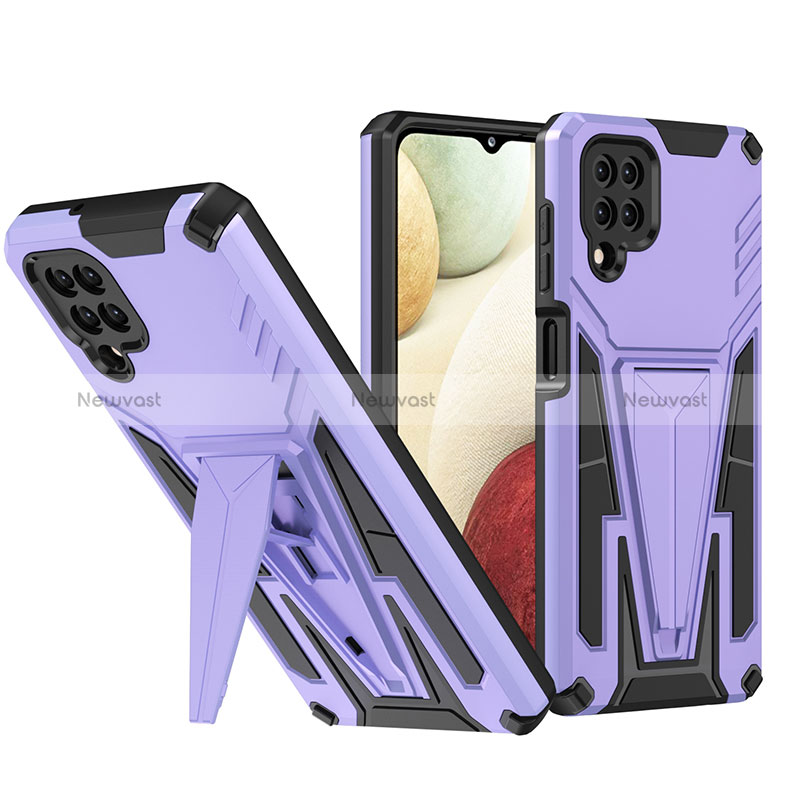 Silicone Matte Finish and Plastic Back Cover Case with Stand MQ1 for Samsung Galaxy M12 Purple