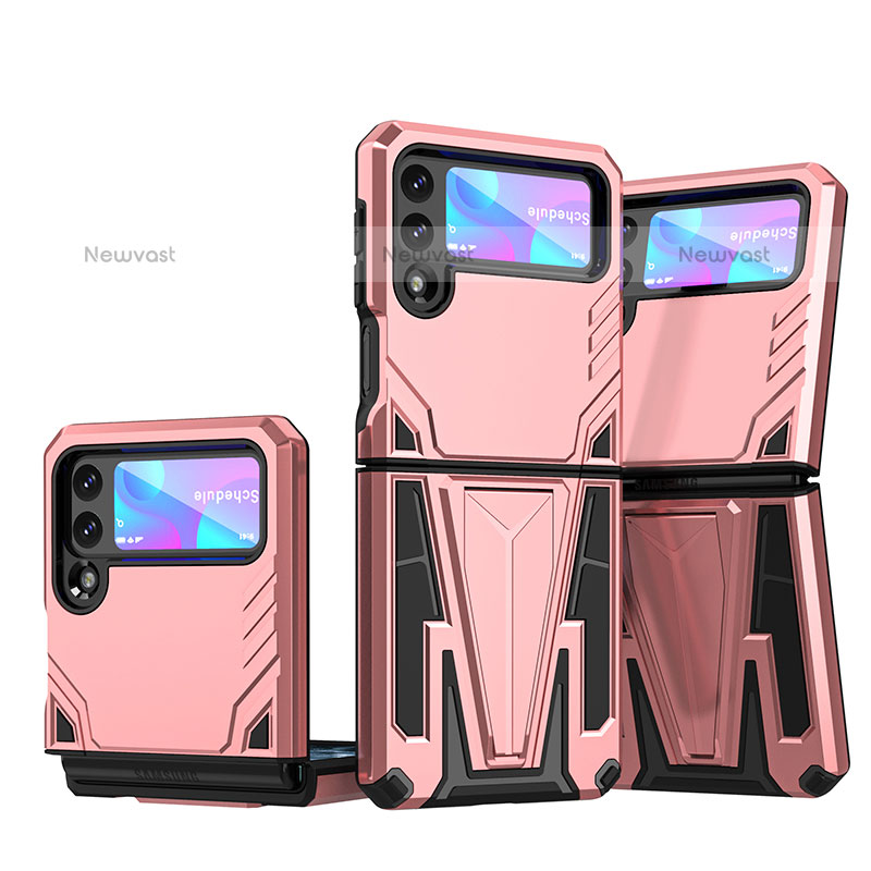 Silicone Matte Finish and Plastic Back Cover Case with Stand MQ1 for Samsung Galaxy Z Flip3 5G Rose Gold