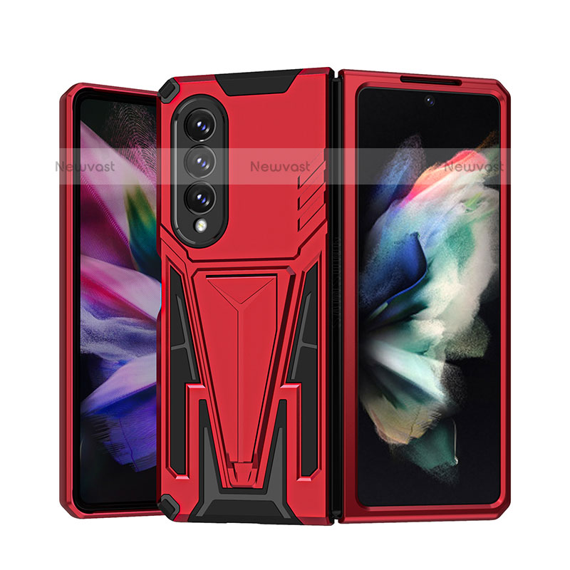 Silicone Matte Finish and Plastic Back Cover Case with Stand MQ1 for Samsung Galaxy Z Fold3 5G Red