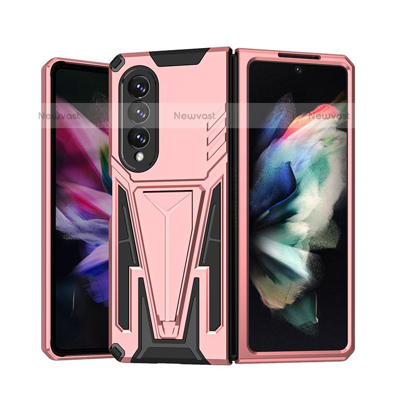 Silicone Matte Finish and Plastic Back Cover Case with Stand MQ1 for Samsung Galaxy Z Fold3 5G Rose Gold