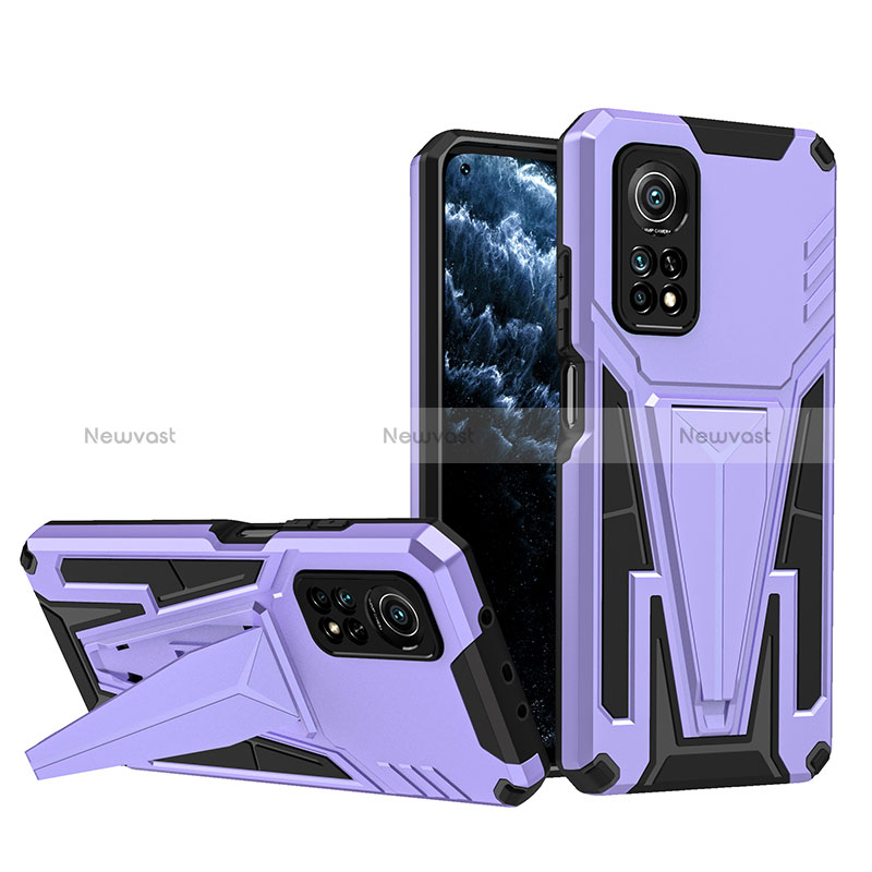 Silicone Matte Finish and Plastic Back Cover Case with Stand MQ1 for Xiaomi Mi 10T Pro 5G Purple