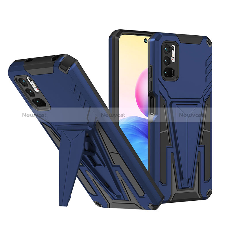 Silicone Matte Finish and Plastic Back Cover Case with Stand MQ1 for Xiaomi POCO M3 Pro 5G Blue