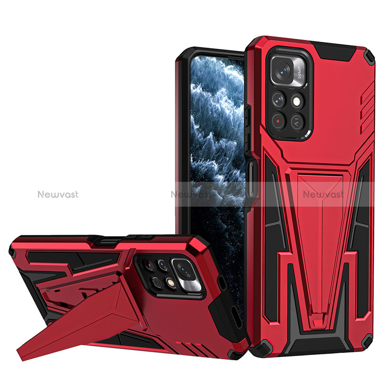 Silicone Matte Finish and Plastic Back Cover Case with Stand MQ1 for Xiaomi Poco M4 Pro 5G Red